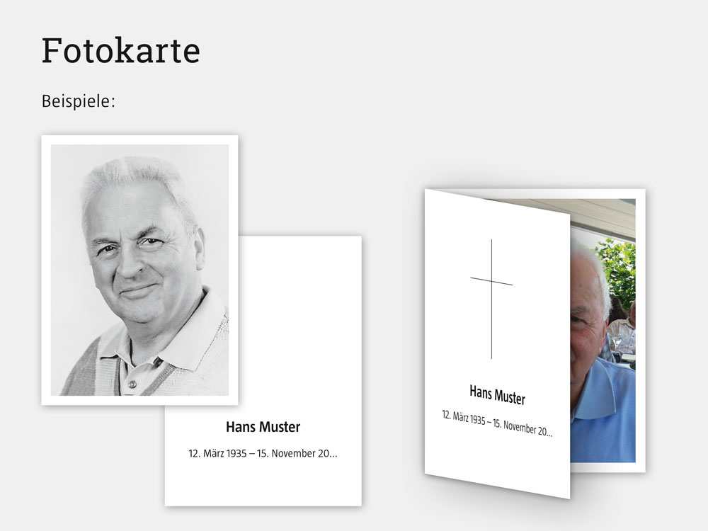 Muster von Fotokarten Muster von Fotokarten für Trauerfamilie und Hinterbliebene